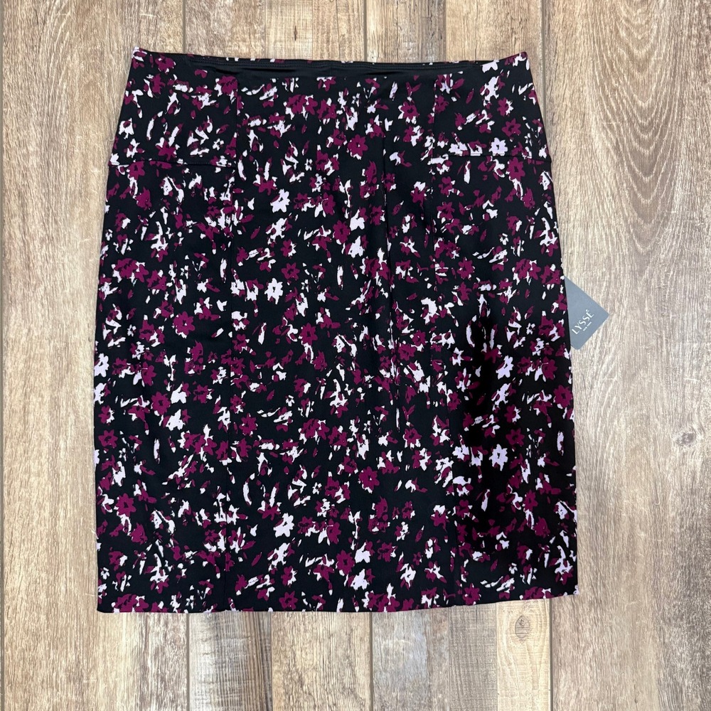 Lysse Charity Pencil Skirt Dark Purple Floral Print Stretch Ponte Size L NEW